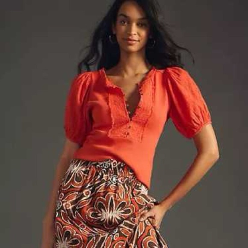 Anthropologie Pilcro Bella Henley Top Button Puff Sleeve Pullover Blouse​